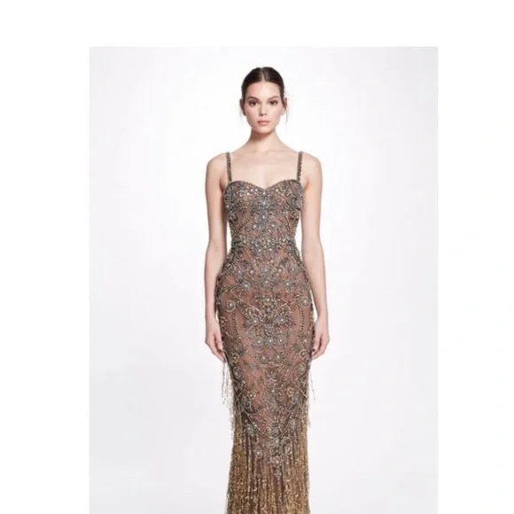 Marchesa Couture Icons Crystal Threadwork Gown Nude Beaded Evening Dress US 2 - Picture 11 of 15